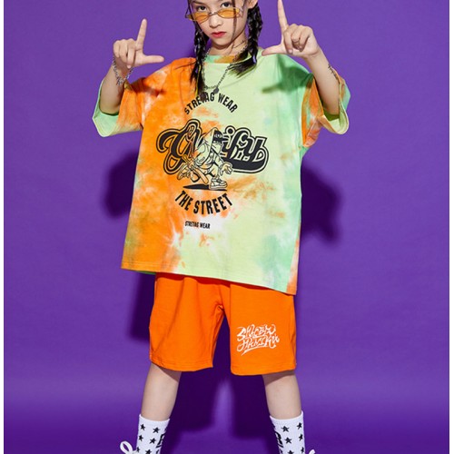 Children rainbow printed Hip-hop rapper singer jazz dance costumes for girls boys school street dance stage performance t-shirt and shorts modern dance outfits for girl boys